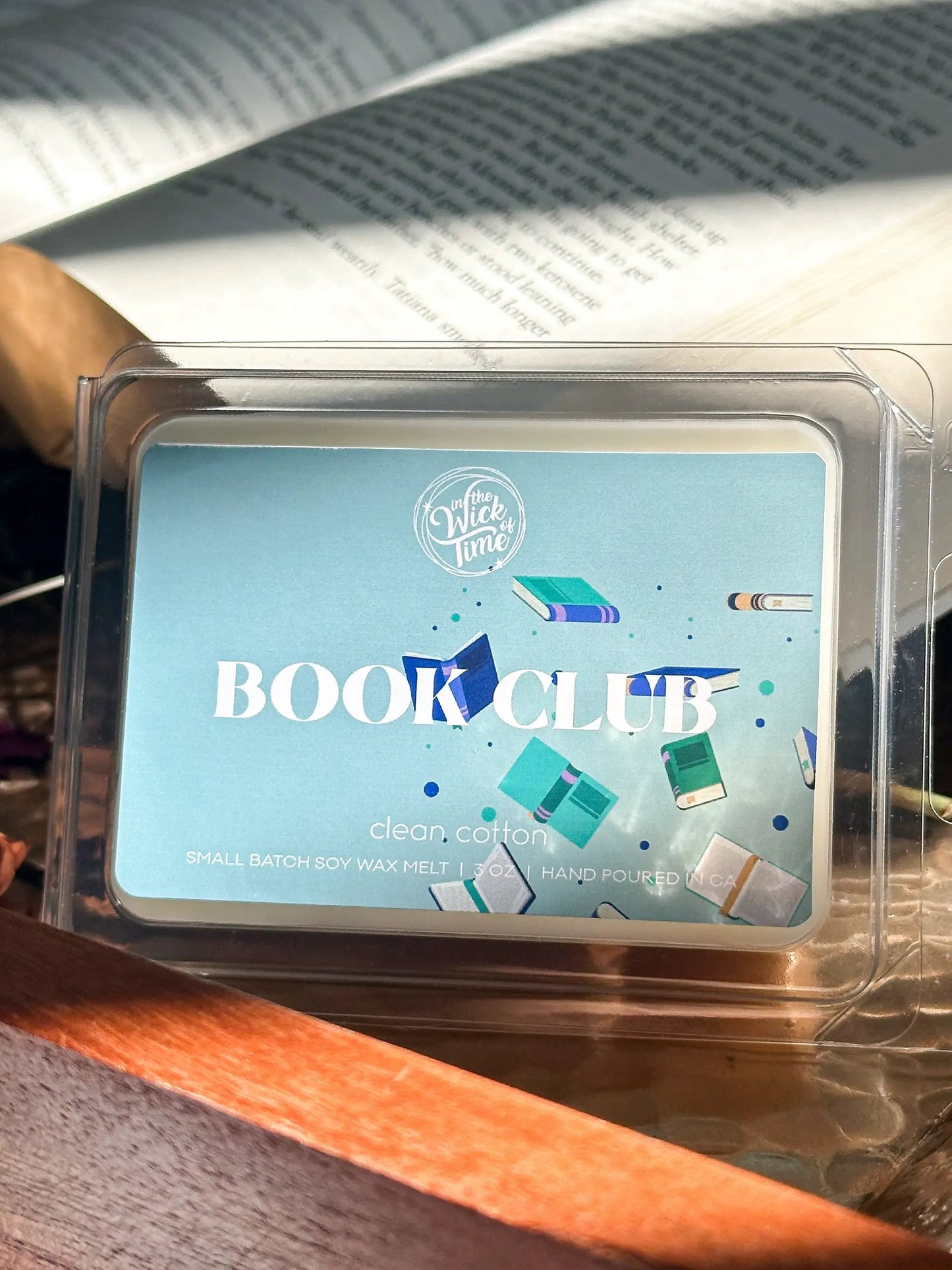 Book Club wax melt oceanic scent by In the Wick of Time, blue label, small batch soy on Tampa Home & Garden Store
