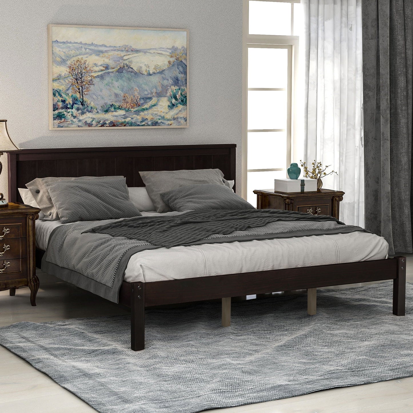 Strong Espresso Wood Platform Bed and Headboard