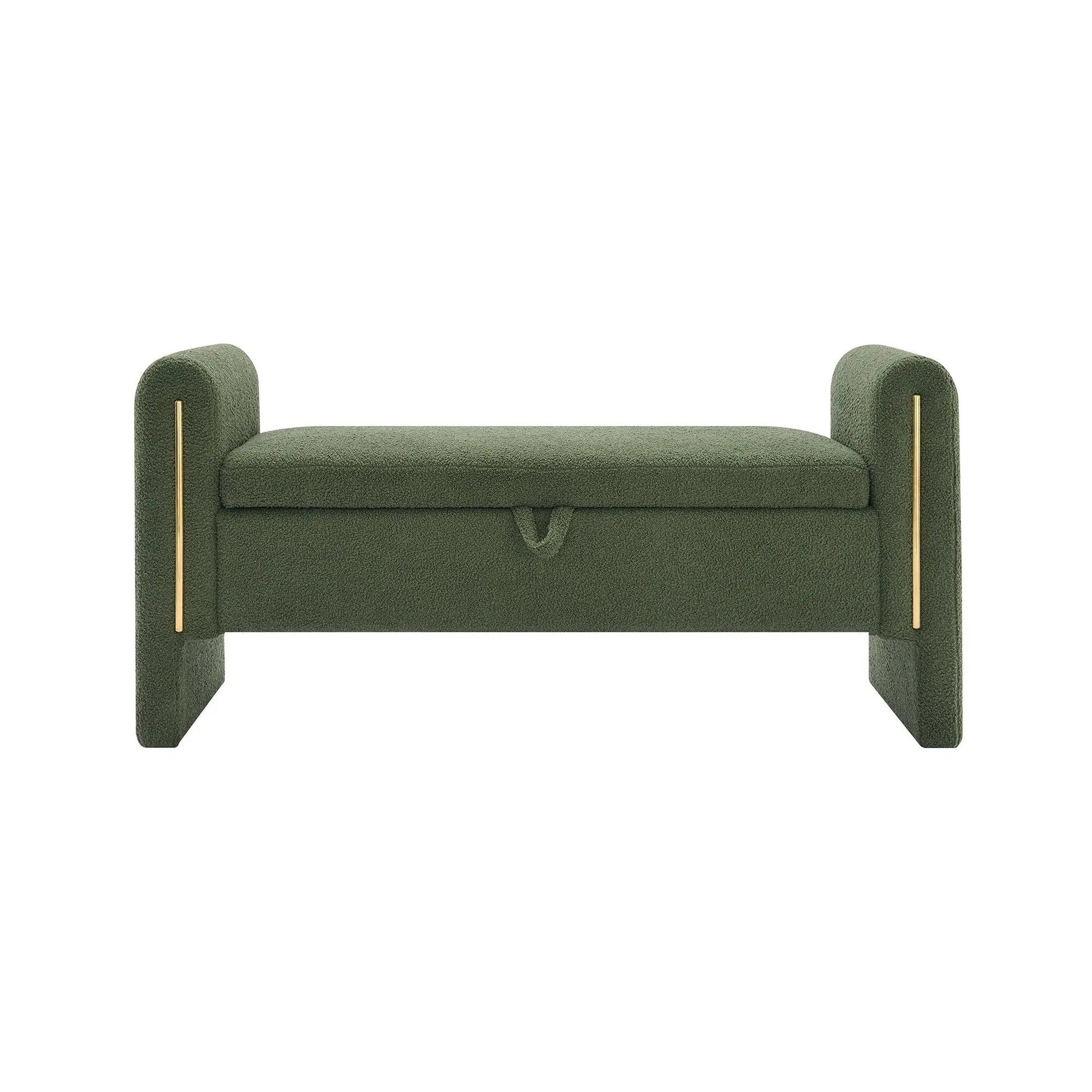 Modern Teddy upholstered bench with arms and storage in green fabric by Unique Piece Furniture on Tampa Home & Garden Store