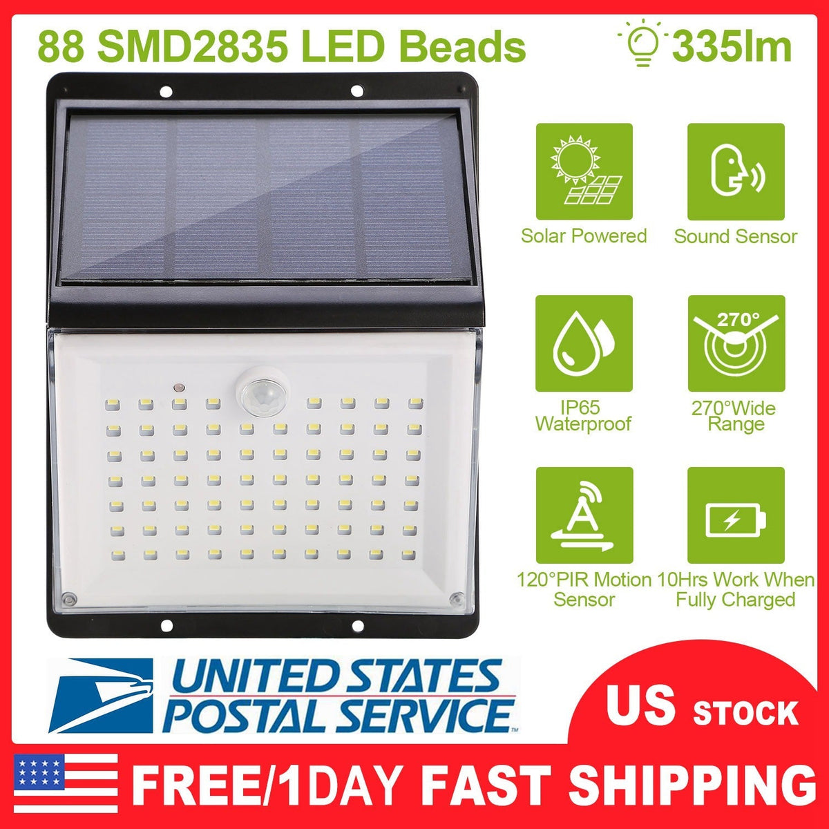 Solar powered wall light with 88 LEDs, motion sensor, IP65 waterproof, 270° range, black housing on Tampa Home & Garden Store
