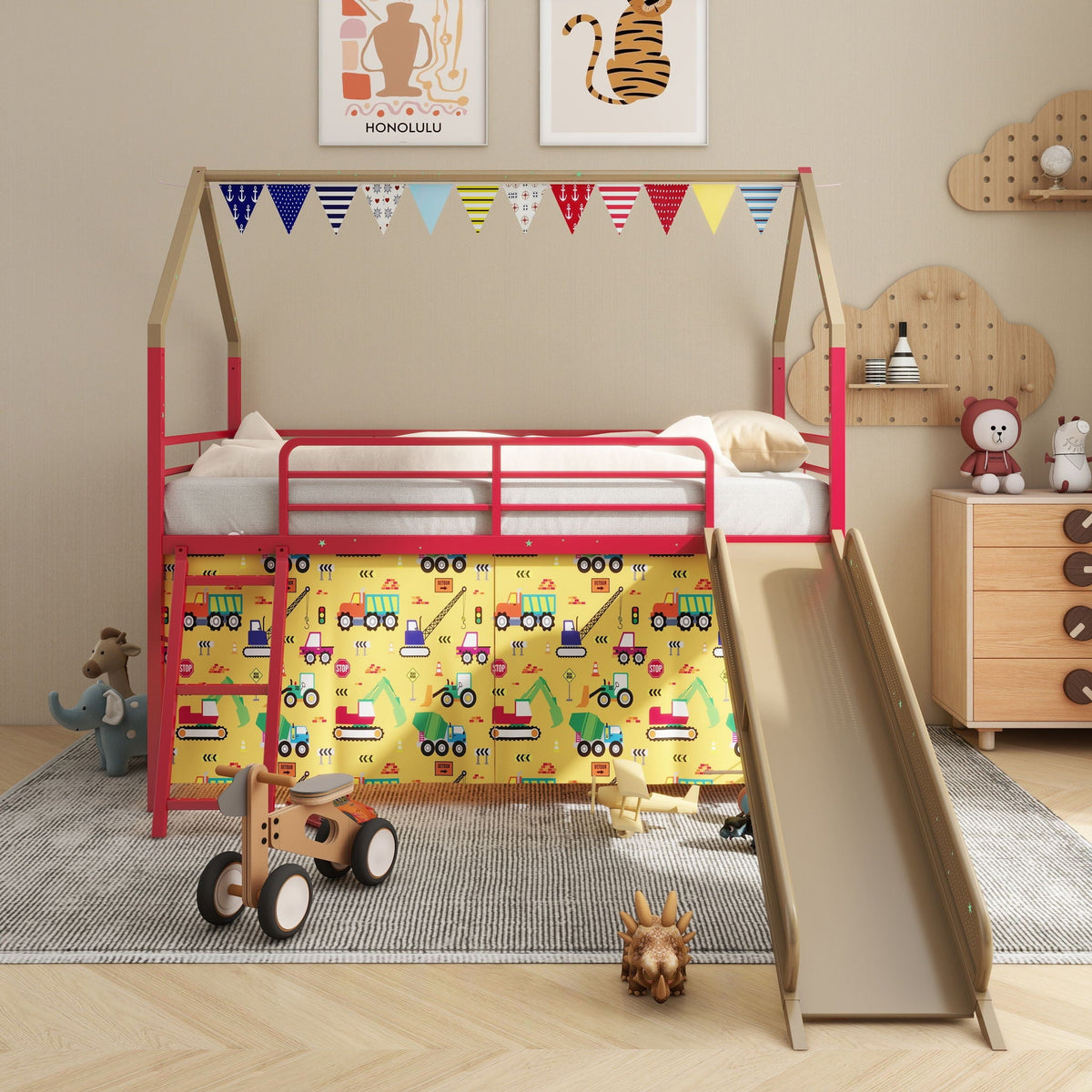 Jack House loft bed with slide by HouseOfZazla; red frame, yellow vehicle-print panel on Tampa Home & Garden Store