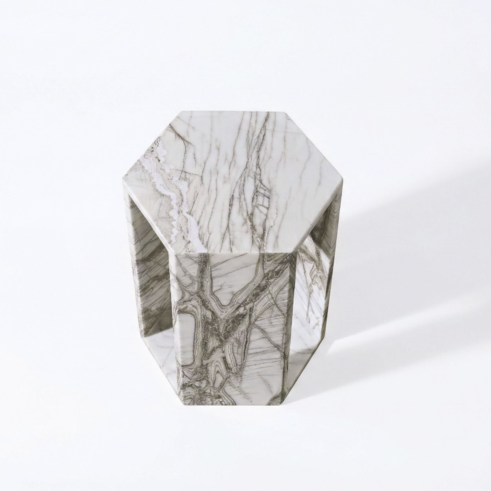 Modern Minimalist Hexagon Side Table white marble with gray veining HouseOfZazla on Tampa Home & Garden Store