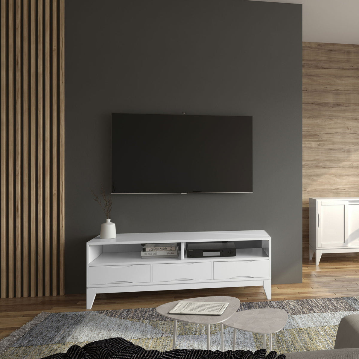 Handcrafted Rubberwood TV Stand With Drawers in white finish, open media storage on Tampa Home & Garden Store