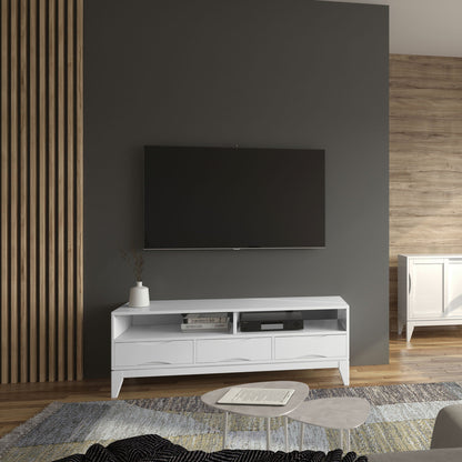 Handcrafted Rubberwood TV Stand With Drawers in white finish, open media storage on Tampa Home & Garden Store