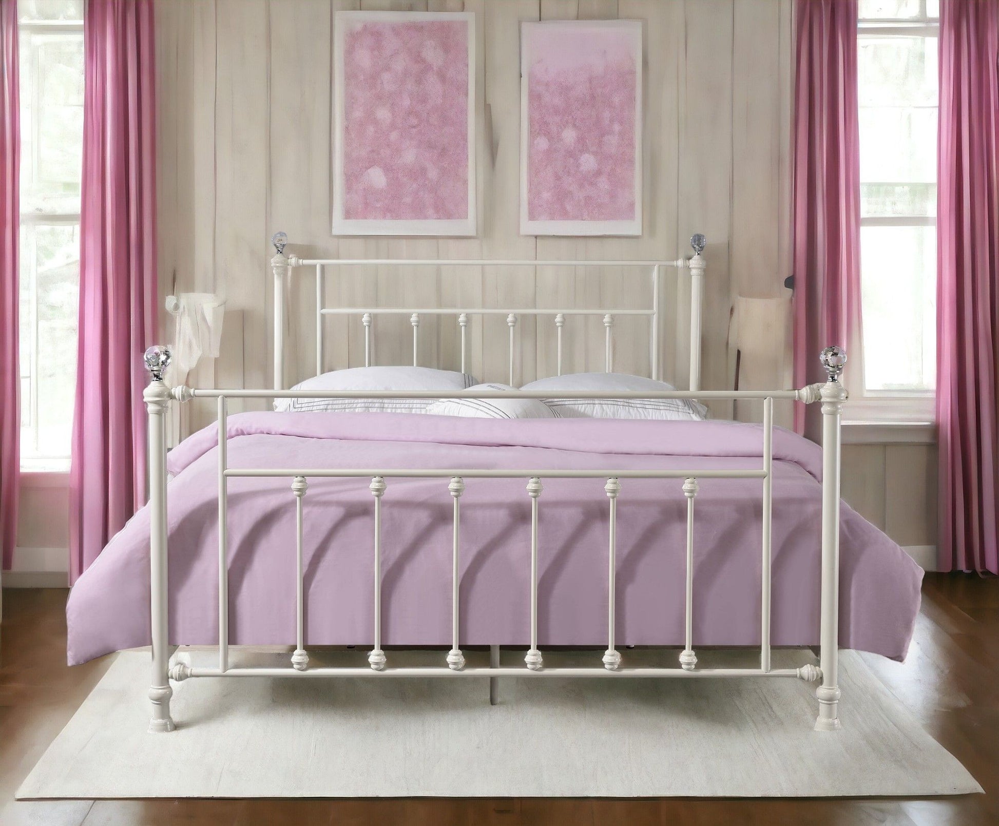 Comet Bed with Elegant Spindle Design, white metal frame with lavender bedding and pink curtains on Tampa Home & Garden Store
