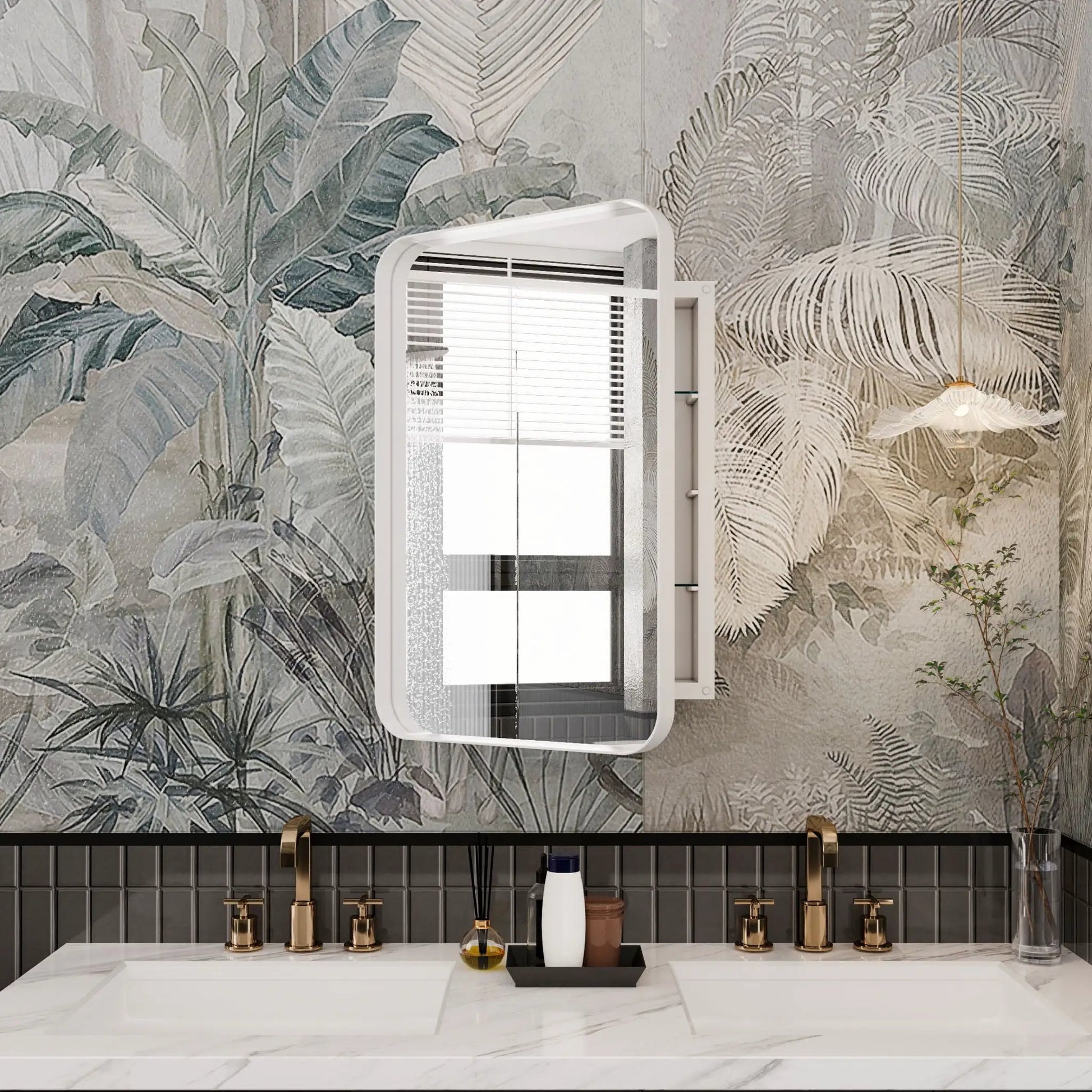 Medicine cabinet with white metal recessed frame, mirrored door and adjustable shelves on Tampa Home & Garden Store