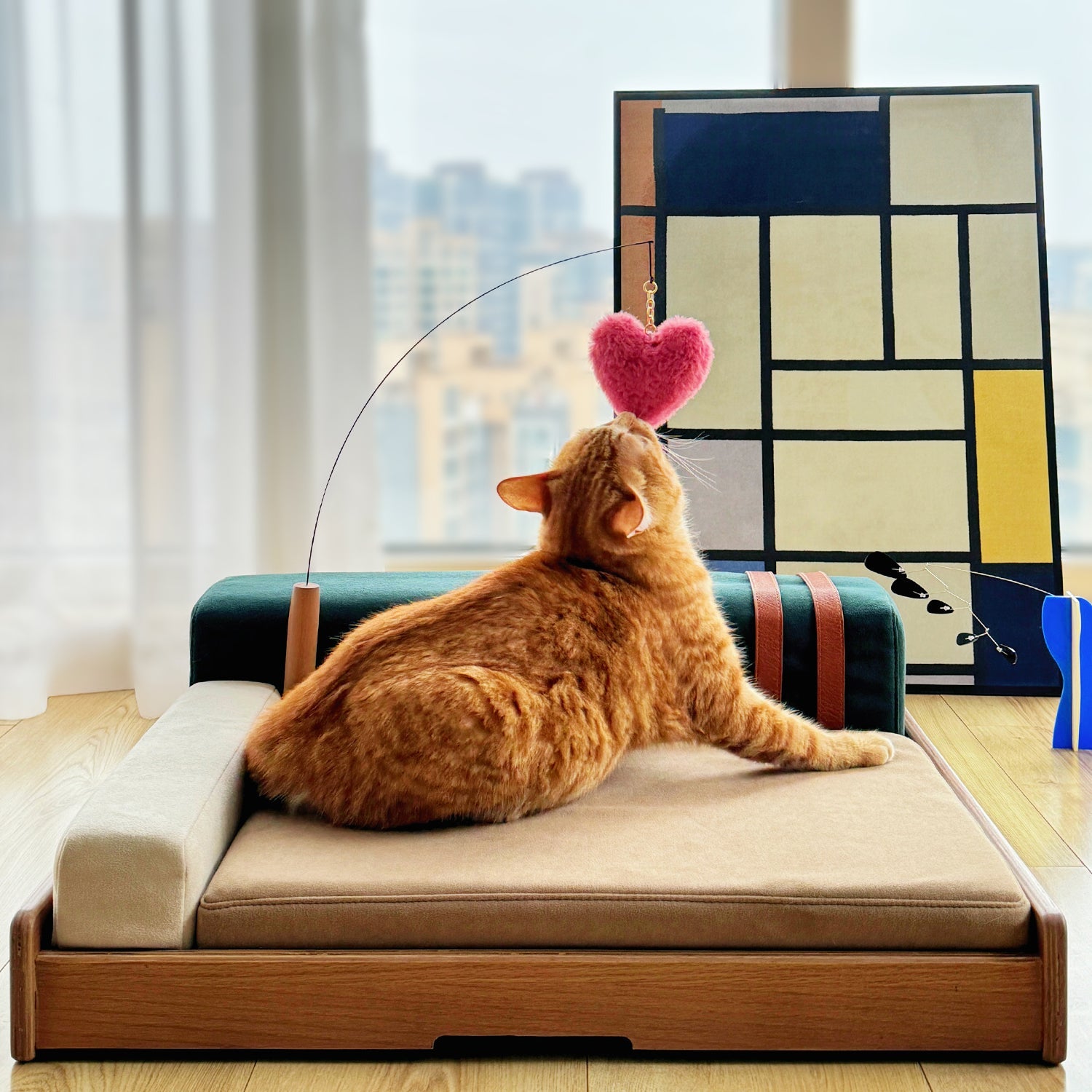 Modern wooden pet bed for cats and dogs with beige cushion and a lounging cat on Tampa Home & Garden Store