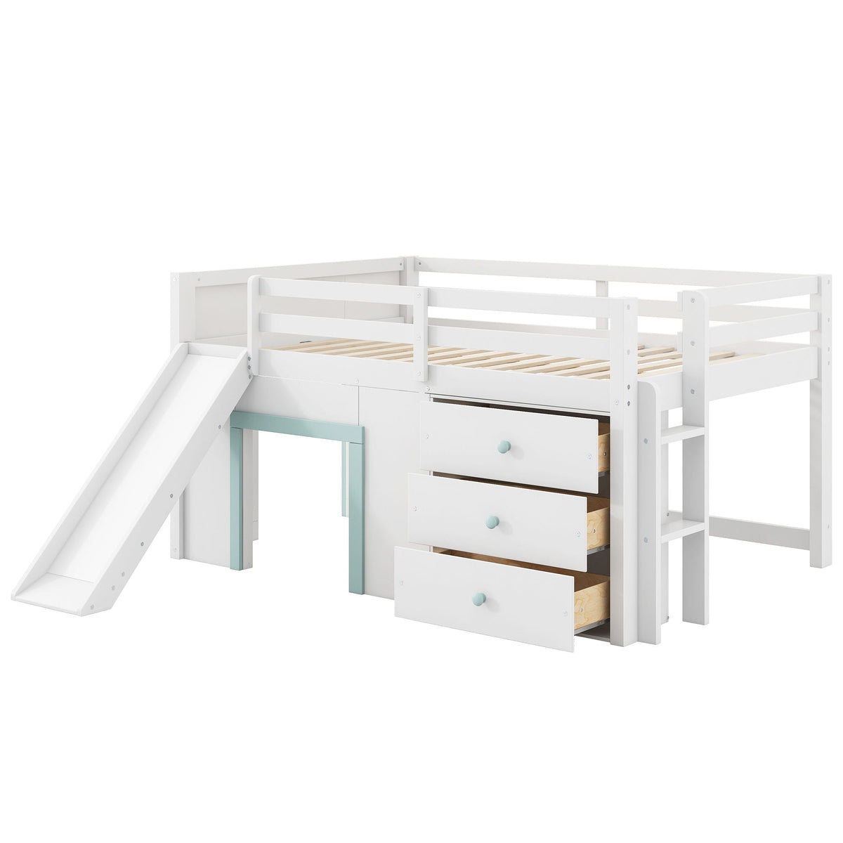 Modern low loft bed with slide, white finish, 3 storage drawers and 2 doors by HouseOfZazla on Tampa Home & Garden Store