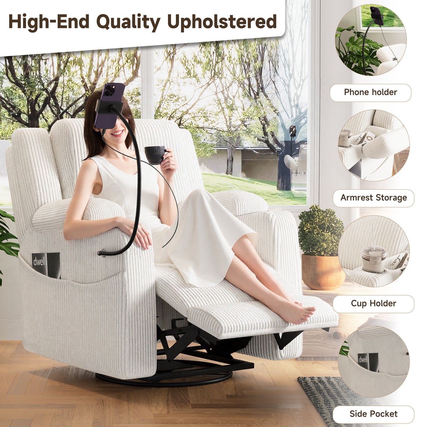 Electric power recliner by HouseOfZazla with heat and massage in beige, user relaxing on Tampa Home & Garden Store
