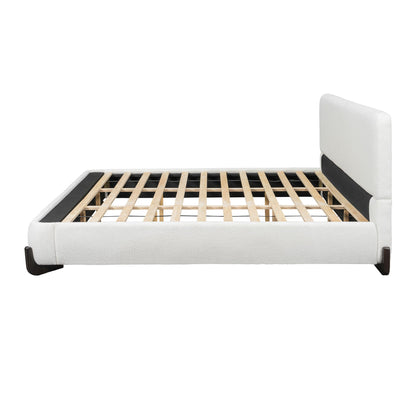 White Boucle Upholstered Bed on Solid Wood Legs