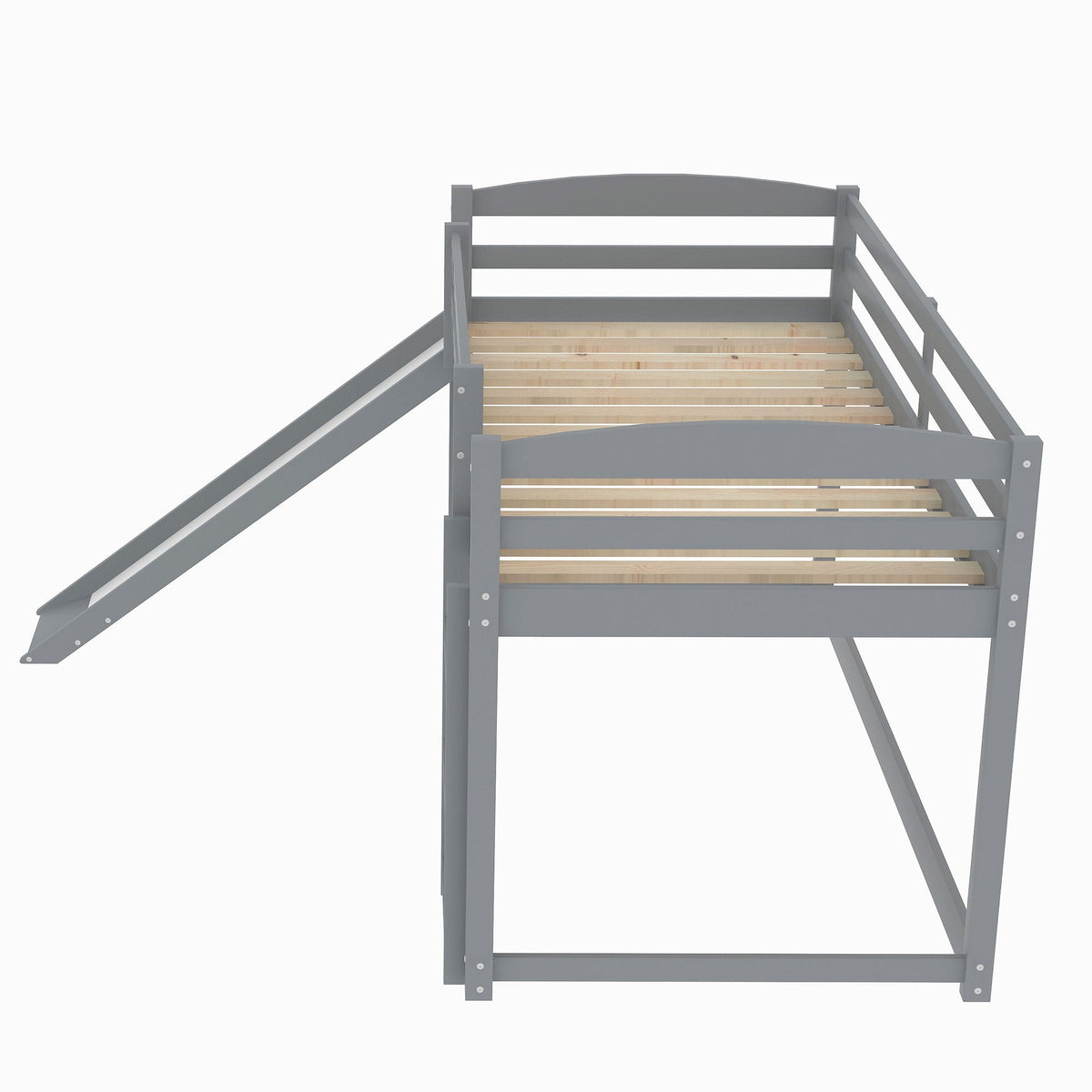 HouseOfZazla bunk bed with convertible slide and ladder, gray frame with wood slats on Tampa Home & Garden Store