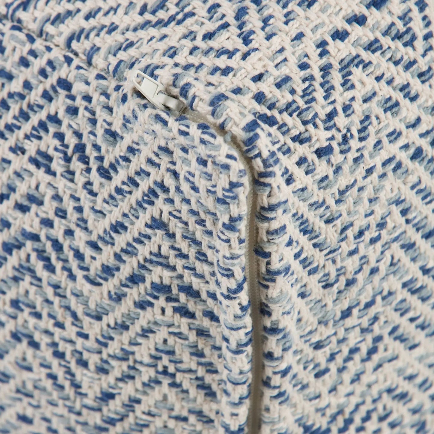 Nate handcrafted square pouf in blue and white woven knit with zipper by Unique Piece Furniture on Tampa Home & Garden Store