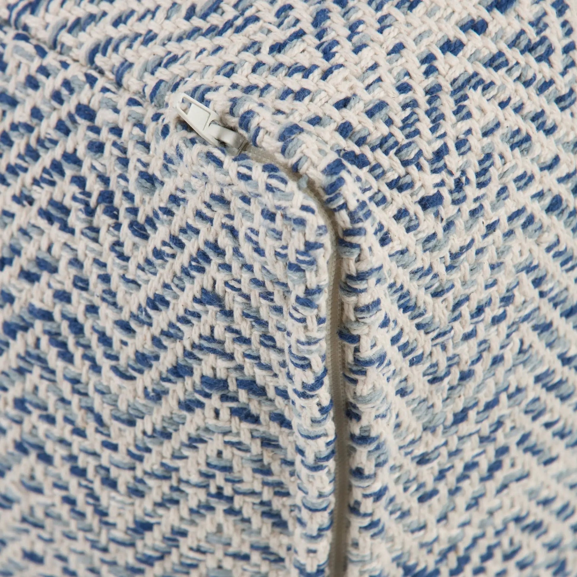 Nate handcrafted square pouf in blue and white woven knit with zipper by Unique Piece Furniture on Tampa Home & Garden Store