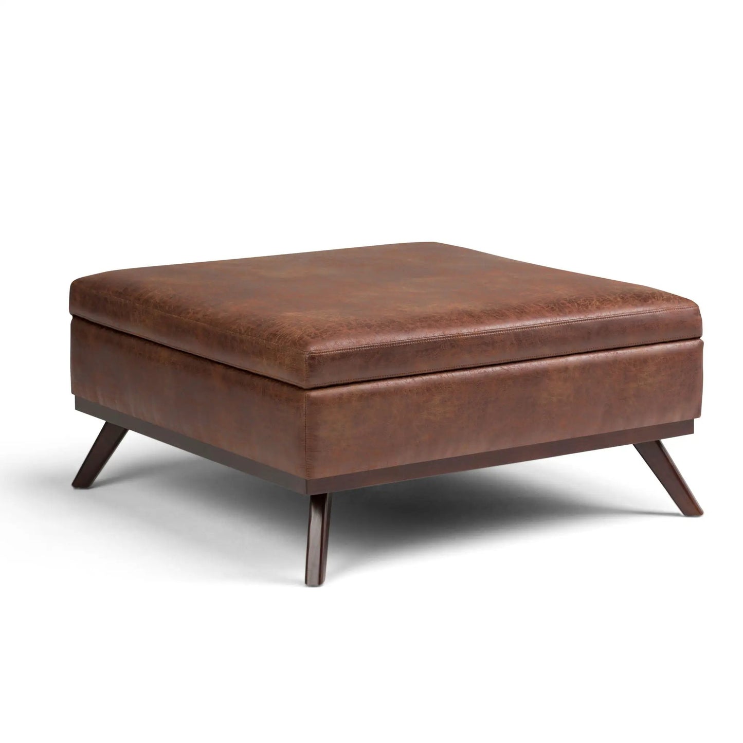 Owen Multifunctional Square Storage Ottoman in brown faux leather with angled legs on Tampa Home & Garden Store