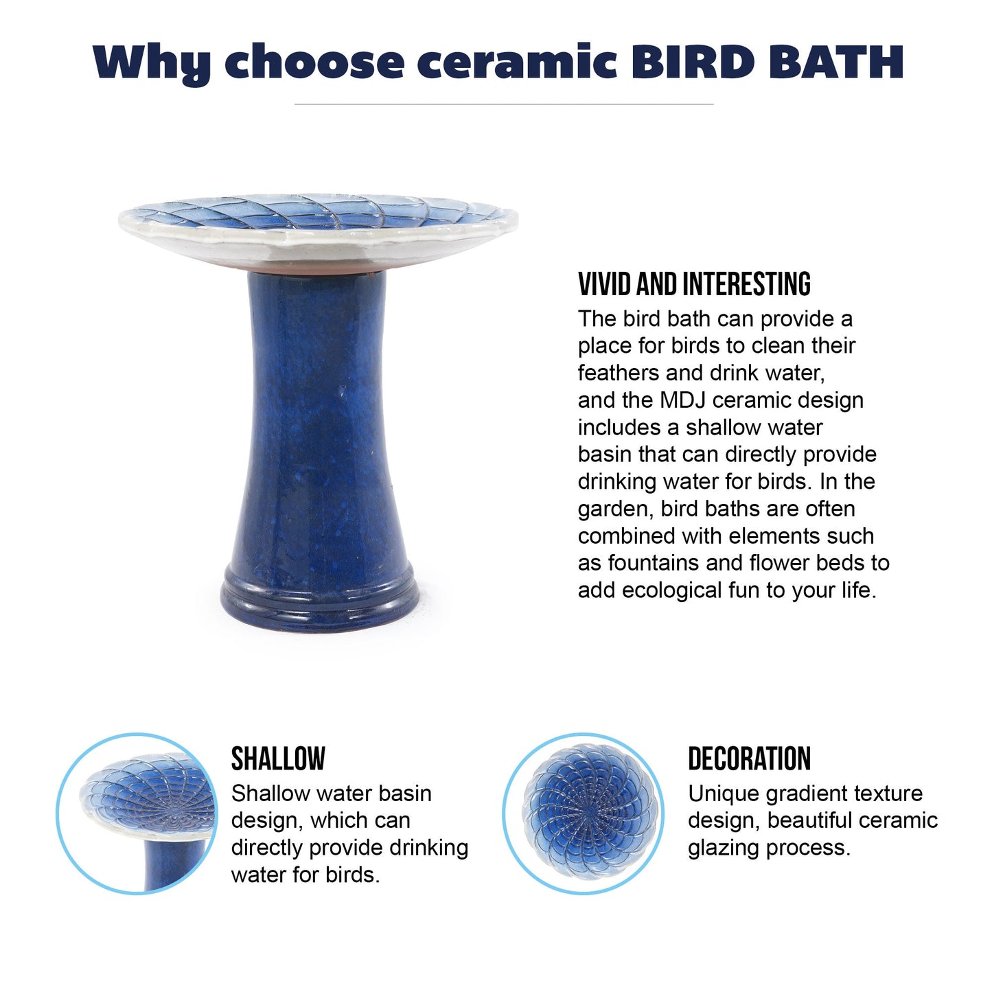 Handmade glazed ceramic bird bath with cobalt blue mosaic dish on a tall blue pedestal on Tampa Home & Garden Store