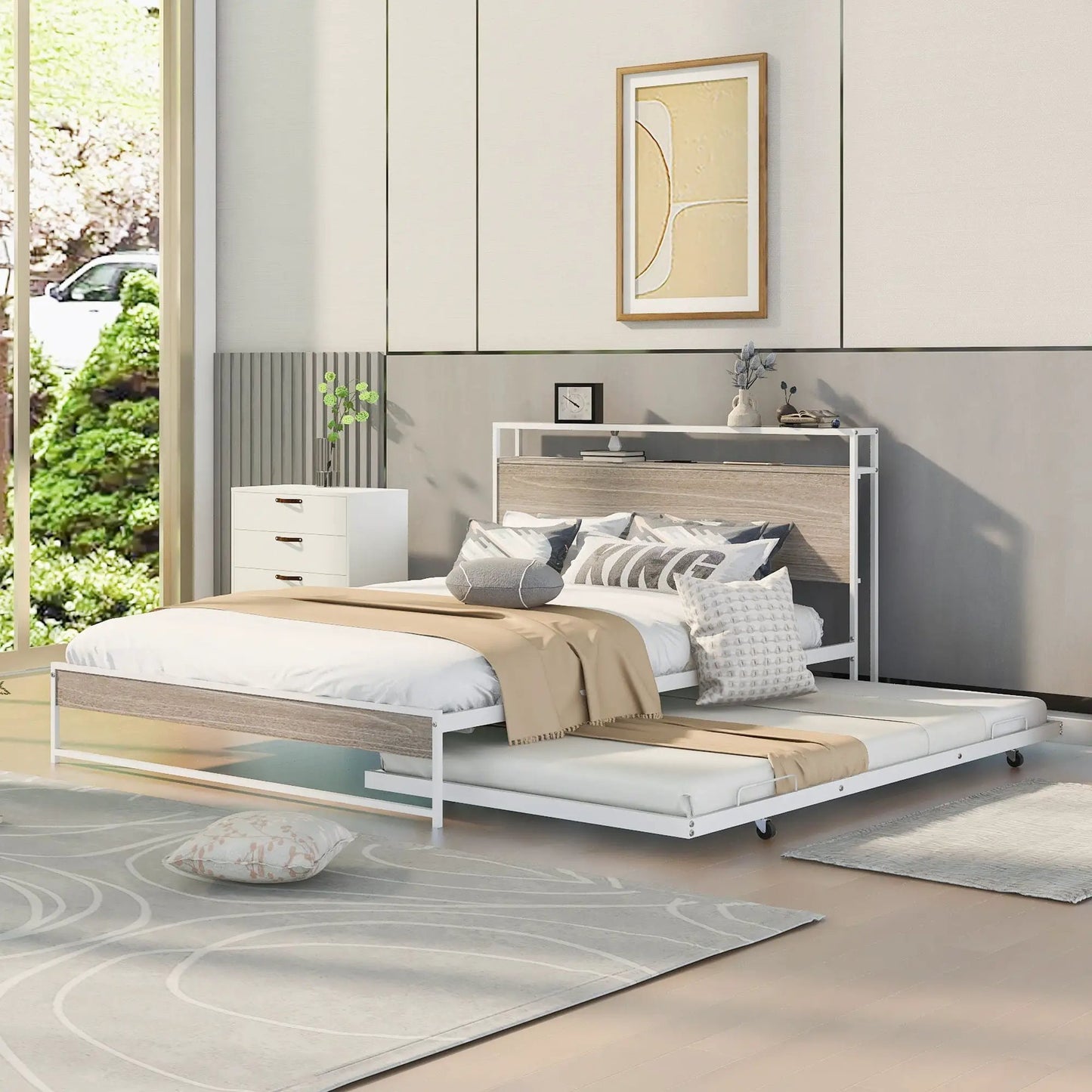 Platform Bed Frame With Trundle and USB Ports