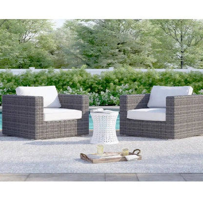 Patio arm chairs with white cushions in dark brown wicker, 2-piece set on Tampa Home & Garden Store
