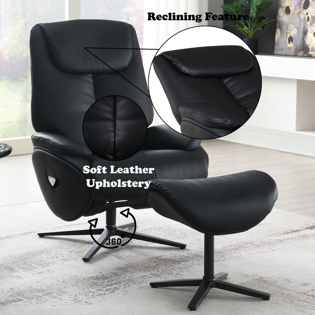 Top Grain Leather Reclining Chair & Ottoman with 360° Swivel, Black, HouseOfZazla on Tampa Home & Garden Store