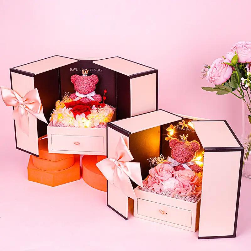 Little Bear preserved flower gift box in pink with satin bow, two boxes for Valentine's Day on Tampa Home & Garden Store