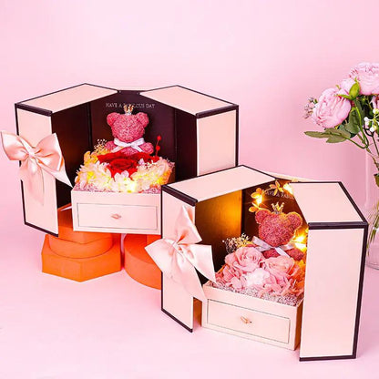 Little Bear preserved flower gift box in pink with satin bow, two boxes for Valentine's Day on Tampa Home & Garden Store