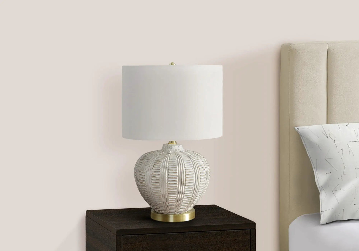 Table lamp resin cream with ribbed resin base and white shade on nightstand on Tampa Home & Garden Store