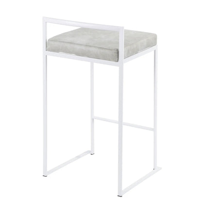 Fuji counter stool with white frame and gray cushioned seat, stackable on Tampa Home & Garden Store