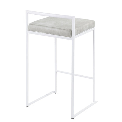Stackable counter stool with padded gray seat on white metal frame on Tampa Home & Garden Store