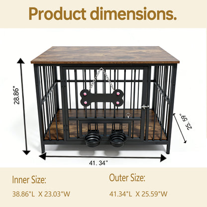Vintage Wood Grain Dog Cage with Rotating Bowl by HouseOfZazla, black metal frame and wood top on Tampa Home & Garden Store