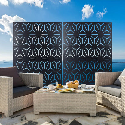 2-panel metal privacy screens with geometric cutouts in black by Unique Piece Furniture on Tampa Home & Garden Store