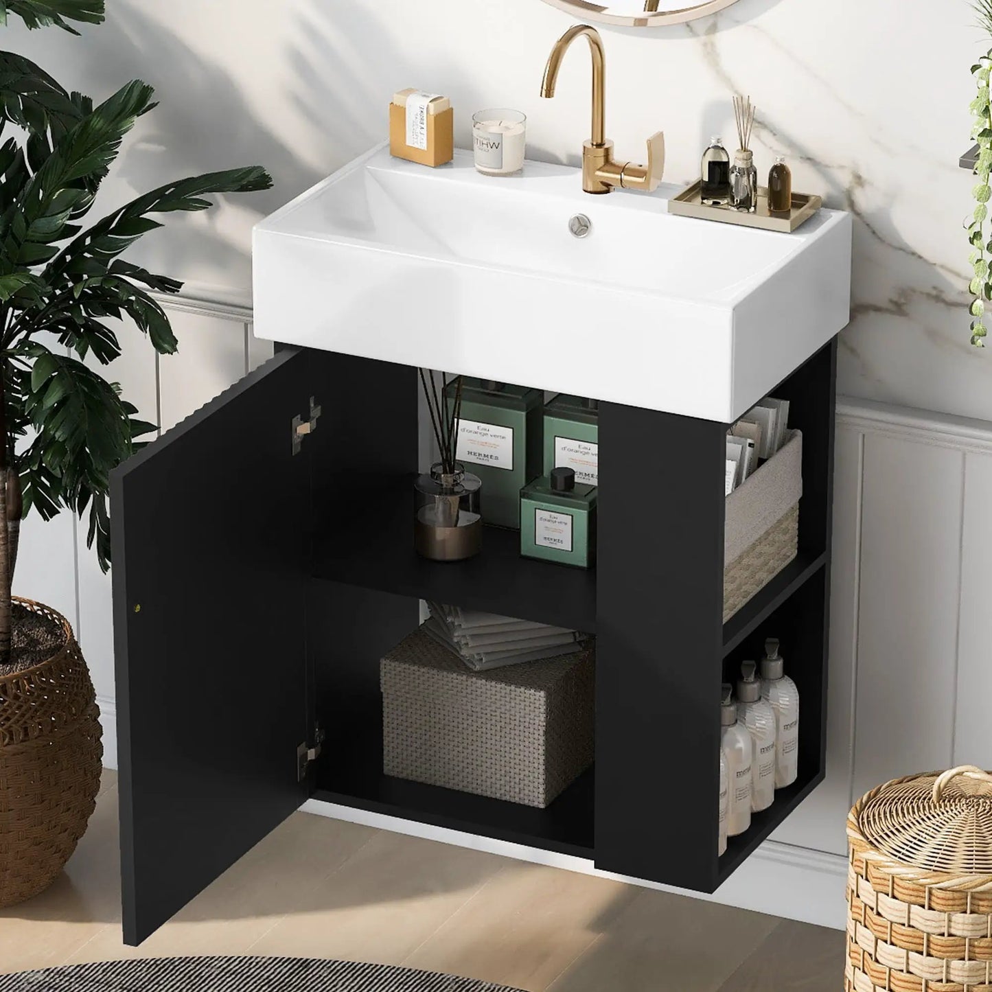 Compact Modern Floating Vanity with Ceramic Basin