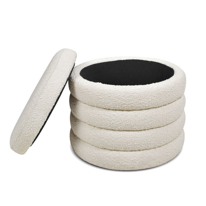 Fuji oversized round storage ottoman, cream boucle with black interior, removable lid, stacked set by HouseOfZazla on Tampa Home & Garden Store