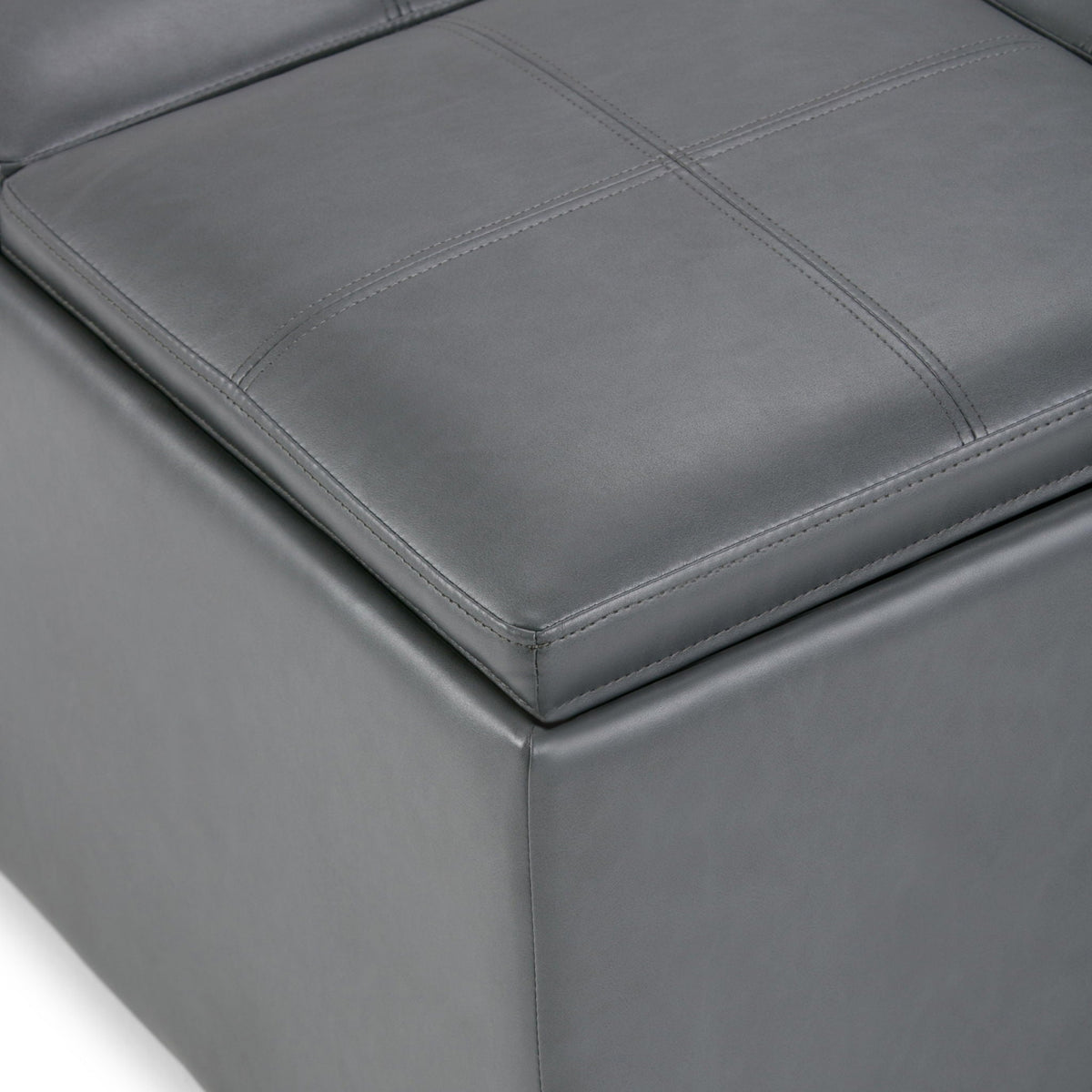 Avalon Square Ottoman Coffee Table in grey leather with stitched panel seams on Tampa Home & Garden Store