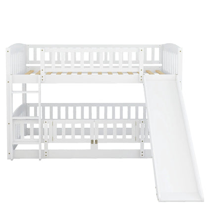 Low Bunk Bed With Slide Fence and Ladder