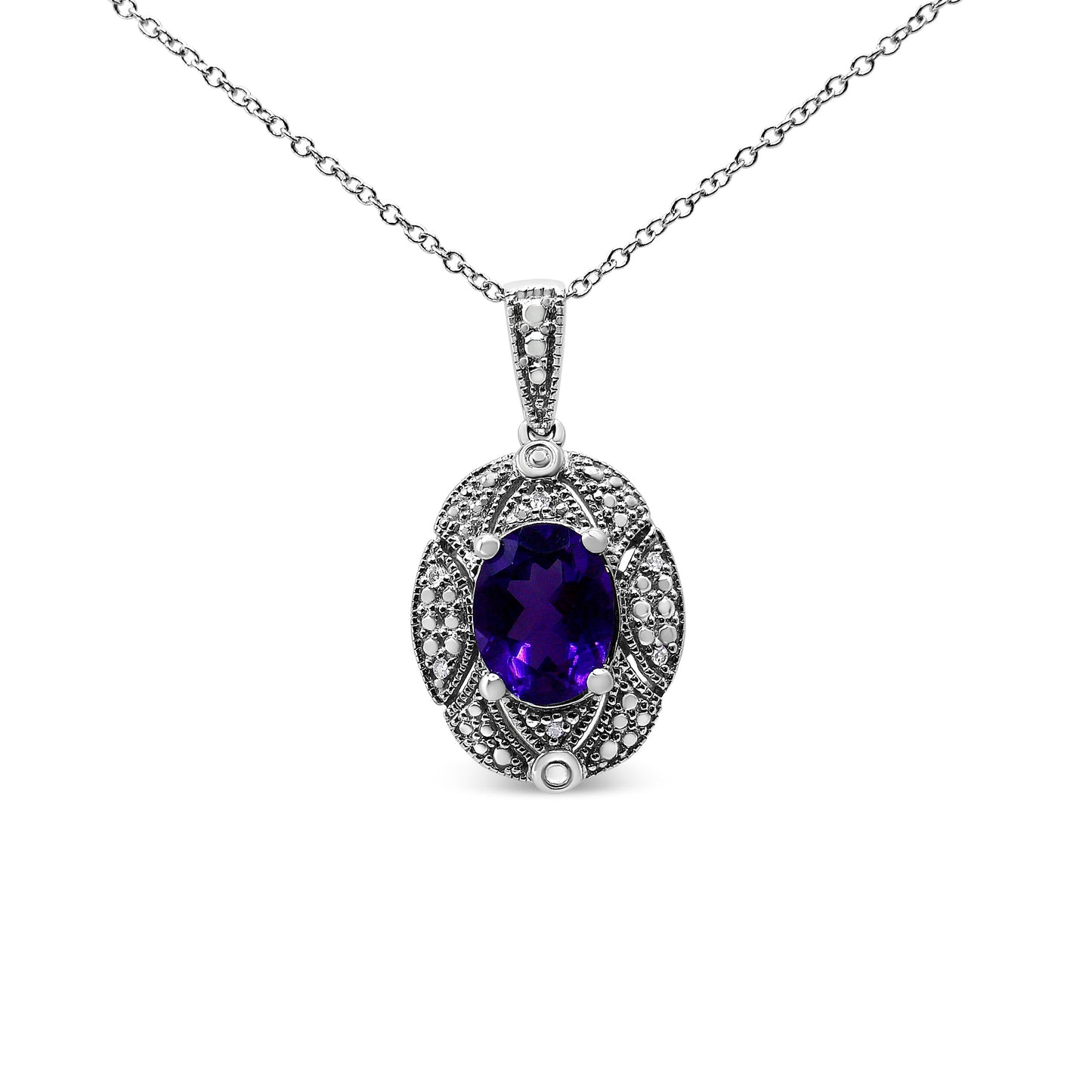 Sterling silver pendant necklace purple oval amethyst with diamond accents chain by Bids.com on Tampa Home & Garden Store