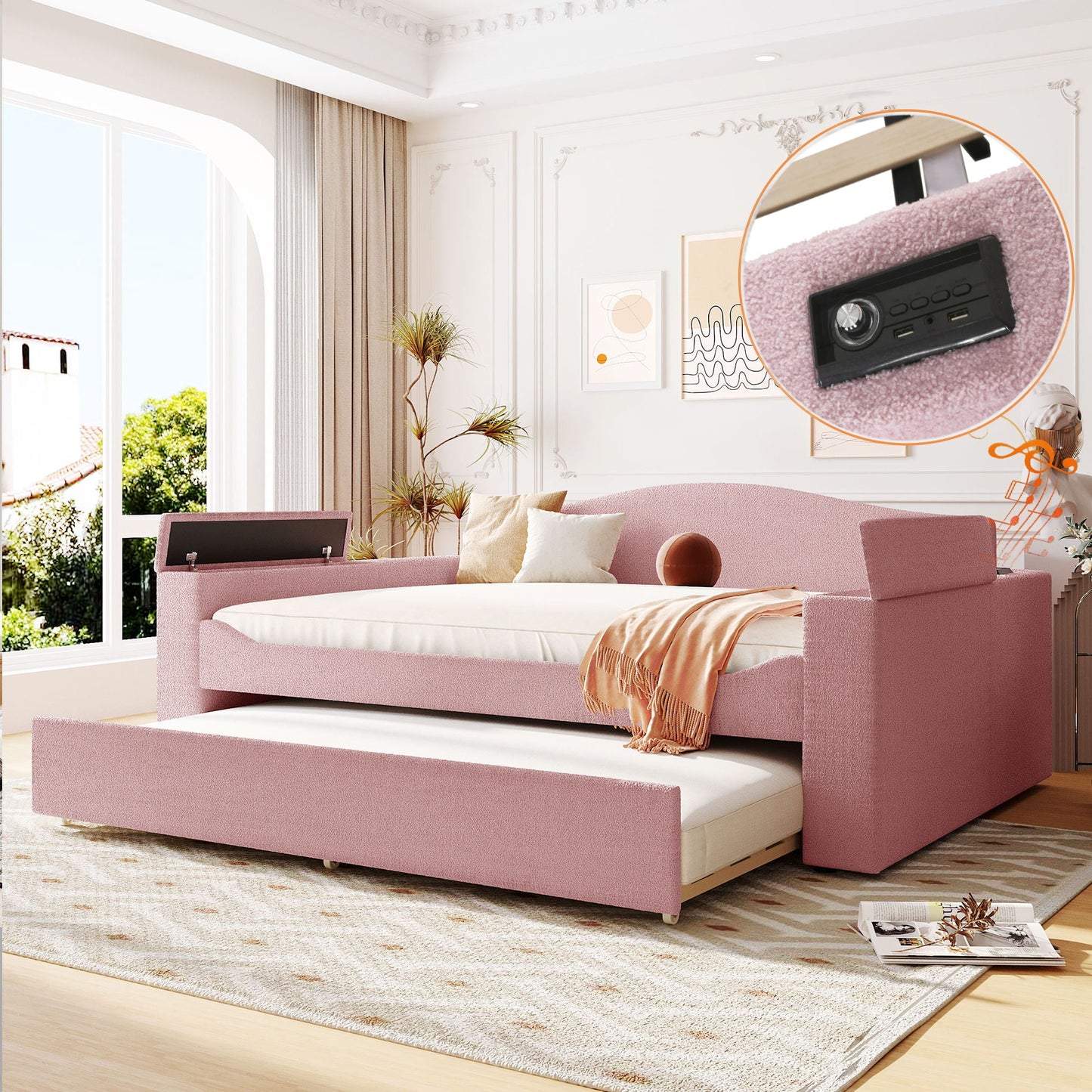 Upholstered pink daybed with storage armrests and trundle, built-in audio by HouseOfZazla on Tampa Home & Garden Store