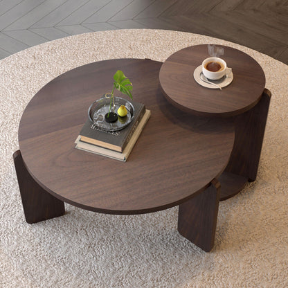 Round coffee & end table set of 2 in dark brown wood with circular tops on beige rug on Tampa Home & Garden Store