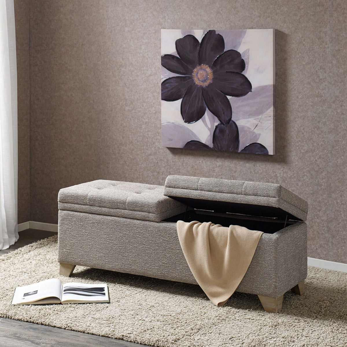 Soft-close upholstered storage bench with split-top access in dark gray, HouseOfZazla on Tampa Home & Garden Store