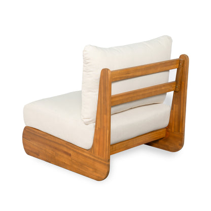Outdoor Acacia Lazy 5 Seater Chat Set chair with cream cushions on Tampa Home & Garden Store