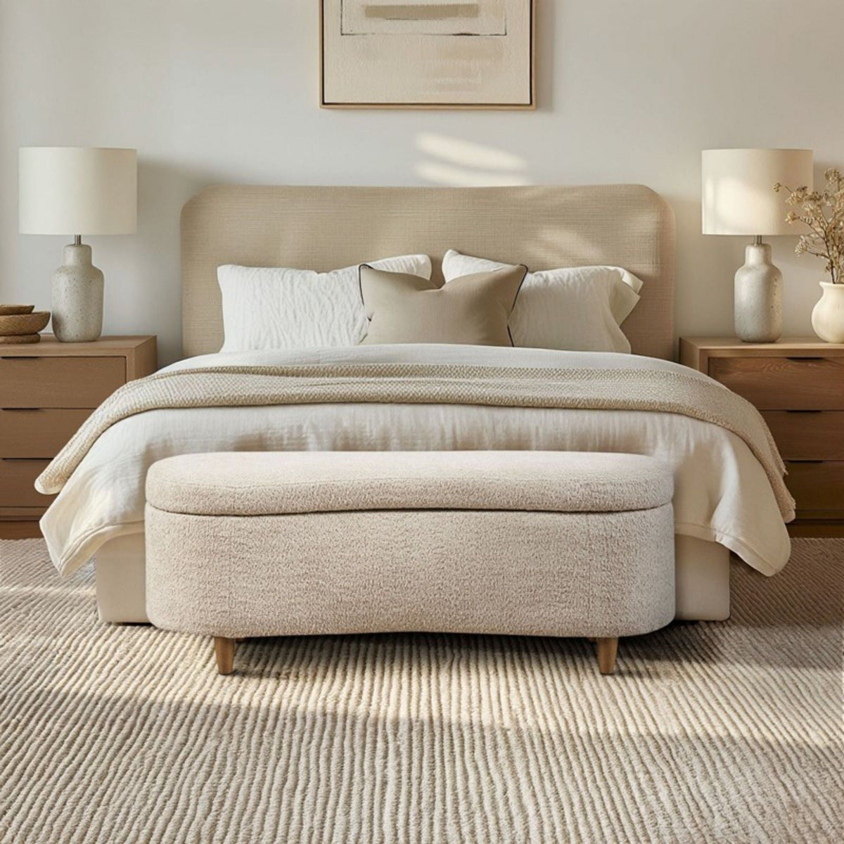 Flip Top Storage Bench beige fabric with soft close hinges at foot of bed on Tampa Home & Garden Store
