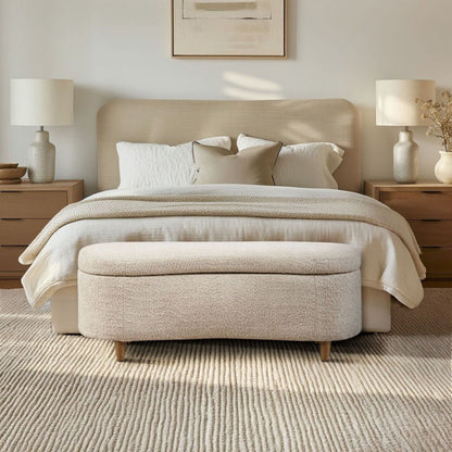 Flip Top Storage Bench beige fabric with soft close hinges at foot of bed on Tampa Home & Garden Store