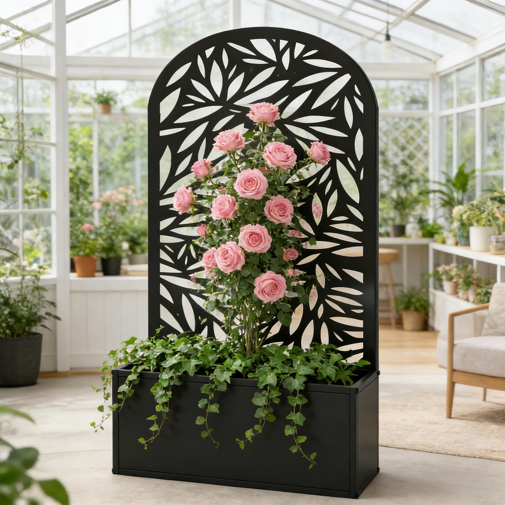 Curved black raised garden bed planter with leaf-pattern panel, HouseOfZazla, pink roses on Tampa Home & Garden Store