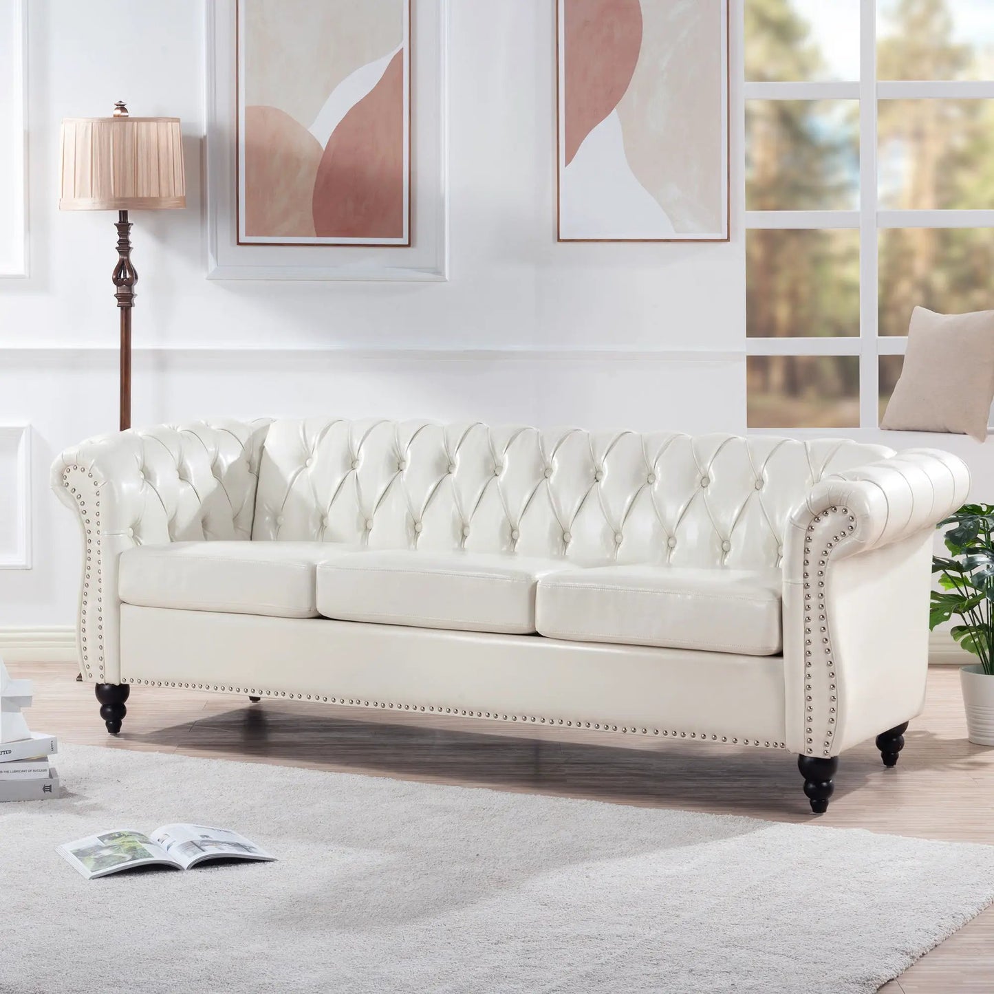 Rolled Arm Chesterfield 3 Seater Sofa in white leather with tufted detail and nailhead trim on Tampa Home & Garden Store