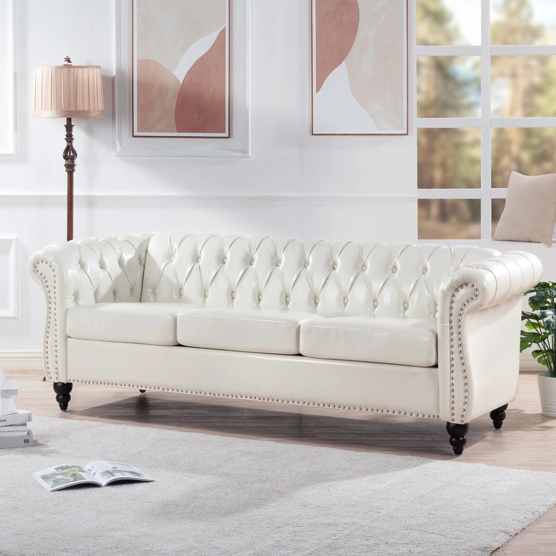 Rolled Arm Chesterfield 3 Seater Sofa in white leather with tufted detail and nailhead trim on Tampa Home & Garden Store