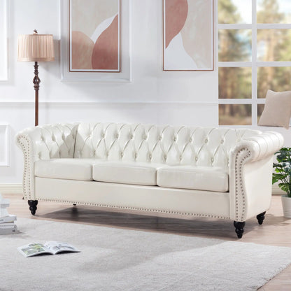 Rolled Arm Chesterfield 3 Seater Sofa in white leather with tufted detail and nailhead trim on Tampa Home & Garden Store