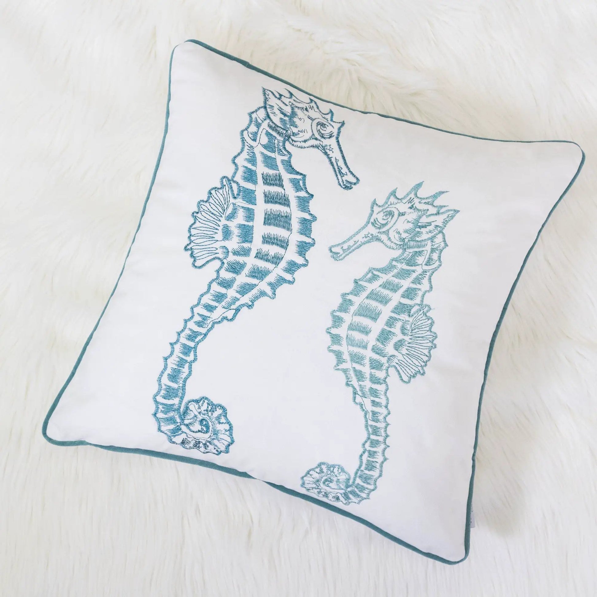 Seahorses Pillow Cover With Matching Back fabric teal embroidery teal piping Unique Piece Furniture on Tampa Home & Garden Store