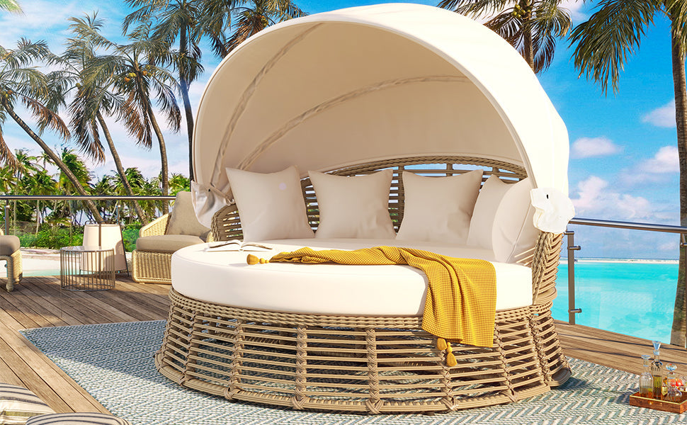 Patio Rattan Round Daybed and Retractable Canopy