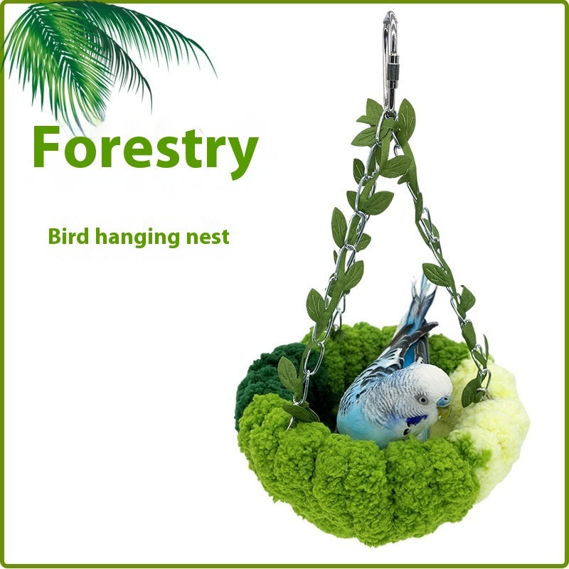Forest Style Hammock Plush Bird Nest green plush nest with leaf-ornamented chains for birds on Tampa Home & Garden Store