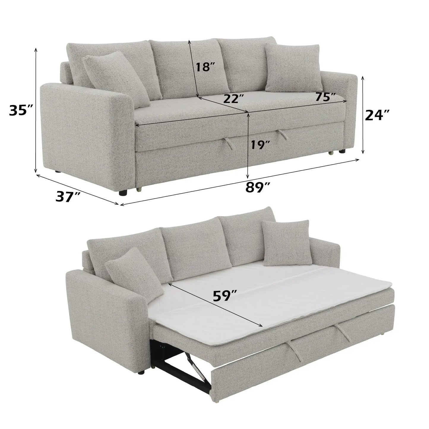 Connie boucle sleeper sofa beige with 2 toss pillows, pull-out bed, Unique Piece Furniture on Tampa Home & Garden Store