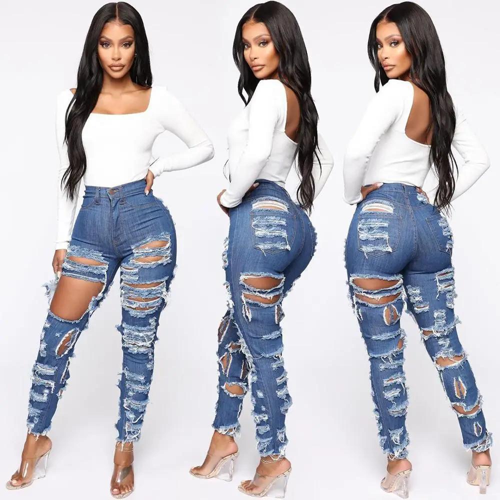 Women's Fashion Cut And Tear Stretchy Calf Jeans blue distressed denim with ripped panels FLIPSTYLEZLLC on Tampa Home & Garden Store