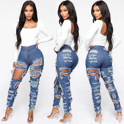 Women's Fashion Cut And Tear Stretchy Calf Jeans blue distressed denim with ripped panels FLIPSTYLEZLLC on Tampa Home & Garden Store